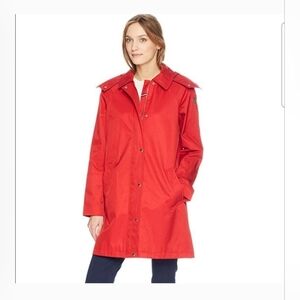 Tommy Hilfiger Women's Red Mid-Length Blue Striped Raincoat Size XS